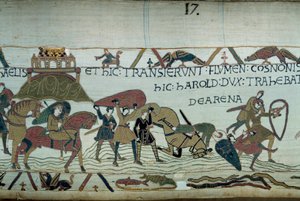 The conquete of Brittany by the army of the Duke of Normandy William the Conquerant (1027-1087): the crossing of the Riviere du Couesnon at the height of Mont Saint Michel, men and horses sink into the moving sands Detail of the Tapestry of Bayeux or Embro 作者 未知艺术家