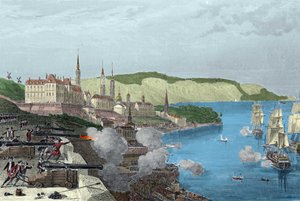1690 年 10 月 16 日，弗朗特纳克伯爵 (1622-1698) 路易斯·德·布阿德伯爵保卫魁北克。 范特纳克 (Van Tenac) 的《海洋历史》中的 Coloree 雕刻 作者 未知艺术家