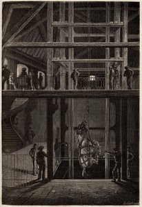 The descent of a horse in the Creusot mines, used in underground tunnels for the transport of coal carts. Engraving to illustrate a voyage to the Creusot and the mines of Saone and Loire, in 1865, by L. Simonin, in “” Le tour du monde, nouveau journal des  作者 未知艺术家