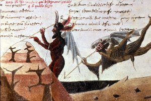 在 14 世纪但丁·阿利吉耶里（Dante Alighieri，1265 - 1321 年）手写版《神曲》（Divine Comedy）之后，地狱中的恶魔。 Bibl.Trivulziana 米兰。 作者 未知艺术家