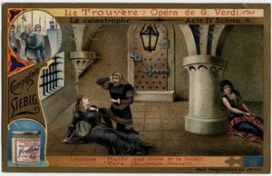 灾难第四幕第4场。朱塞佩-威尔第（1813-1901）的歌剧《寻找》（Il trovatore）的插图。19世纪末，利比希的彩色平版印刷（Chromo）。 作者 未知艺术家