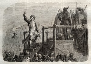 1268年Tagliacozzo战役后，安茹的查尔斯下令处决西西里岛国王兼斯瓦比亚公爵康拉定（或霍恩斯托芬的康拉定）（1252-1268）"（西西里岛最后一位施陶芬国王康拉定（或小康拉）的处决，在 作者 未知艺术家