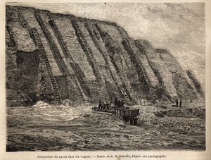 The exploitation of guano (seabirds excrement, uses as fertilizer in agriculture), the cliffs of the Chincha islands (close to the Peruvian coast) are dug on stairs for intensive harvesting of raw material, which loads in wagons is directly loaded in boats 作者 未知艺术家