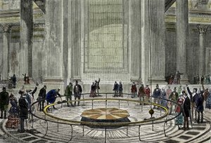 1851 年，Leon Foucault 著名的钟摆体验在巴黎万神殿展示了地球的自转。 作者 未知艺术家