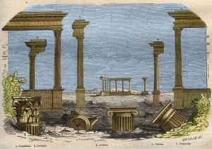 古典（古代）建筑的五个等级。科林斯式、多立克式、爱奥尼亚式、托斯卡纳式和复合式，每一种都由一根柱子代表。1857年在 "Le Musee Des Sciences "中的雕版画 作者 未知艺术家