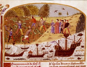 亚历山大大帝的舰队 迷你版取自Quintus Curtius Rufus（Quinte Curce）的 "亚历山大大帝的事实之书"（1世纪），约1468年-（1335年）兰斯市图书馆 作者 未知艺术家