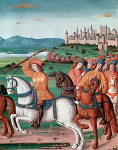 查理六世（1368 - 1422）的疯狂。 1392 年 8 月 5 日，在勒芒的森林里，他开始经历狂暴的疯狂袭击：他以叛国罪大喊大叫，袭击了自己的剧团，杀死了“Chronicles de Enguerrand de Mo”中的四名微型人物。 作者 未知艺术家