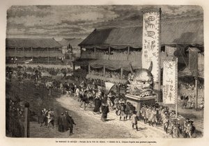 江户（或江户，今东京）的庙宇Miodjin的matsouri（集市，游行），两年一次的大游行，有伟大的历史人物的介绍，并由祭司邀请许多轿子里的宫女参加，在队伍里；丑陋的a 作者 未知艺术家