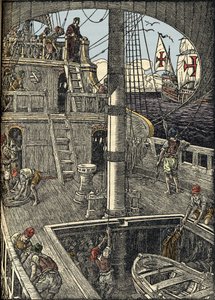 航海家克里斯托弗·哥伦布（Christopher Columbus，1451-1506）在他的帆船上。 作者 未知艺术家