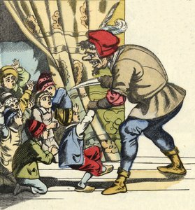 妖怪带走了一个孩子，打算把她吞掉。查尔斯-佩罗的故事 "Le Pepetit Poucet "的插图 作者 未知艺术家
