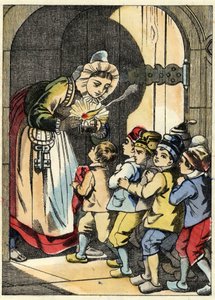 食人魔的妻子为小普塞特和他的兄弟们开门。查尔斯-佩罗的故事 "Le Pepetit Poucet "的插图 作者 未知艺术家