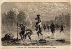 The passage of the gue, the Siriniris Indians, spontaneously propose to carry on their shoulds the members of the expedition, in order to make them cross the ponds formed at the foot of Mount Basiri (Peru). Engravure pour illustrrer le voyage dans les vall 作者 未知艺术家