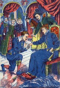 王子试戴驴皮戒指。法国作家查尔斯-佩罗（1628-1703）的《驴皮》故事的匿名插图。图像 马塞尔-瓦涅，贾维尔-南希，无日期（19世纪末）。 作者 未知艺术家