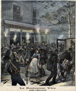 1892 年 3 月 30 日无政府主义者 Francois Koenigstein dit Ravachol (1859 - 1892) 的袭击造成爆炸后的非常（巴黎洋红色大道 24 号）餐厅。 作者 未知艺术家