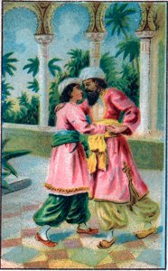 王子的回归。故事 "Histoire du cheval enchante "在 "Les mille et une nuits"(les 1001 nuits ou Le mille e una notte, Arabian Nights)。19世纪末的彩色石版画。 作者 未知艺术家