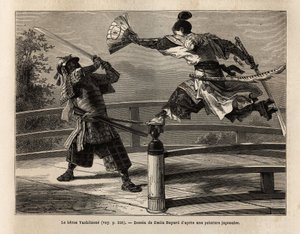 武士Yashitsune在桥的屏障上保持平衡，攻击穿着盔甲的武士。1863-1864年，瑞士联邦部长艾梅-亨伯特在 "Le tour du monde, nouveau journal des voyages "中为其日本之行绘制的版画。 作者 未知艺术家