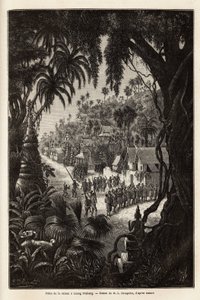 The season celebrations in Luang Prabang, royal capital of Lan Xang (kingdom of the million elephants) (present-day Laos), consisting of a procession of the inhabitants and a pagoda of worship throughout the city. Engraving to illustrate a voyage of explor 作者 未知艺术家