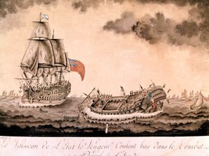1794年6月1日，英国舰队在布雷斯特附近沉没的 "复仇者 "号沉船。18世纪末、19世纪初的版画。 作者 未知艺术家