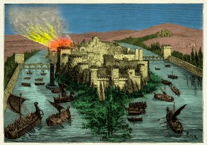 845 年维京人围攻巴黎，以拉格纳·洛德布鲁克为首，雕刻 19 世纪