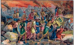 公元前586年，巴比伦国王尼布甲尼撒二世（公元前630年至公元前562年）对耶路撒冷城的围攻，以及耶路撒冷城和圣殿的毁灭。19世纪末的彩色石版画。 作者 未知艺术家