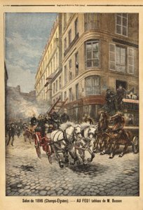 根据布森先生的一幅画，巴黎消防员的蒸汽泵和车辆。 1896 年 5 月 3 日在“Le petit journal”上雕刻。 塞尔瓦的收藏。 作者 未知艺术家