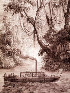 1791 年左右，美国发明家约翰·费奇 (John Fitch) 在特拉华河上的汽船。 作者 未知艺术家