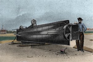 联邦海军在分离战争期间使用的潜艇（潜艇）CSS H. L. Hunley。 1861-1865 年 19 世纪的雕刻 作者 未知艺术家