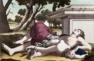 The suicide of Pyramus (Pirame) under the murier and the death of Thisbe. Convinced that the lioness had devore Thisbe, Pyramus gave himself death and covered the white mores with her blood. Thisbe, hiding to escape the lion, finds his love dead and suicid 作者 未知艺术家