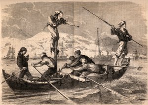 1862年，意大利西西里岛海岸的剑鱼鱼叉捕鱼（pesce spada，剑鱼）。1862年 "Le Monde illustrious "中的雕刻。私人收藏。 作者 未知艺术家