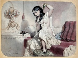 厕所。一个在浴室里靠近浴缸的女人正准备洗澡。19世纪的插图。巴黎，装饰艺术 作者 未知艺术家