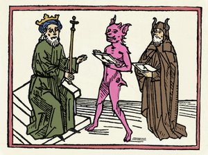 The trial of Belial: “Demon Belial presents his credentials to Judge Solomon” “Engraving from “The trial of Belial”” by Jacobus de Teramo (or Palladino), Ausburg 作者 未知艺术家