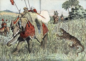 威尔士亲王（当时的爱德华八世，温莎公爵）（1894-1972 年）前往英属印度群岛的航行，此处为猎虎时的情景"（威尔士亲王爱德华在英属印度猎虎时的情景 作者 未知艺术家