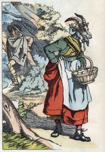 狼正在寻找离开家的山羊。根据让-德-拉封丹的寓言故事 "Compere le Loup, Maitre Renard, Comere la Chevre et ses petits biquets "的插图。载于 "小家伙们的家庭故事"。无名雕版画 作者 未知艺术家