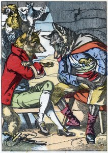 狼又遇到了狐狸。根据让-德-拉封丹的寓言故事 "Compere le Loup, Maitre Renard, Comere la Chevre et ses petits biquets "的插图。载于《小家伙们的家庭故事》。19世纪的匿名版画。 作者 未知艺术家