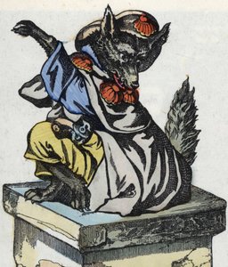 狼坐在烟囱上。根据让-德-拉封丹的寓言故事 "Compere le Loup, Maitre Renard, Comere la Chevre et ses petits biquets "的插图。载于《小家伙们的家庭故事》。19世纪的匿名版画。 作者 未知艺术家