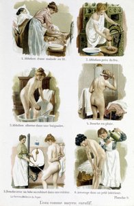 妇女，家庭医生：水是一种治疗手段。1.在床上给病人洗澡，2.用火洗澡，3.在浴缸里交替洗澡，4.雨淋，5.用厨房的水管洗澡，6.在小室内浇水--在 "妇女，家庭医生" 作者 未知艺术家