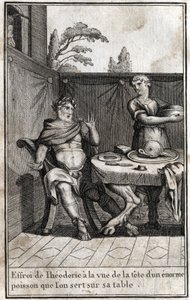 哥特人国王狄奥多里克（Theodoric the Great，约454/455-526）看到桌子上盛放的巨大鱼头时感到很害怕。雕刻在 "Beaute de l