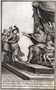罗马皇帝狄奥多西一世（Flavius Theodosius）（347-395年）以不尊重他的儿子阿卡迪乌斯（377-408年）为由，将伊科内的埃维克（Amphiloque）逮捕。该文宣称 "当我们保护那些否认上帝之子耶稣基督的神性的阿里安人时，我们必须 作者 未知艺术家