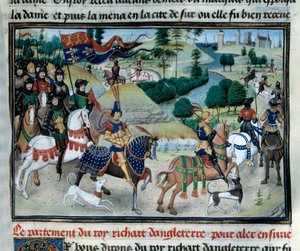第三次十字军东征：理查德狮心号（或英格兰的理查德一世（1157-1199）于 1191 年 6 月启航前往圣地，当时塞浦路斯的缩影取自 Loyset Liedet（1420-1479）15 世纪的“皇帝编年史”。 巴黎，阿森纳图书馆 作者 未知艺术家