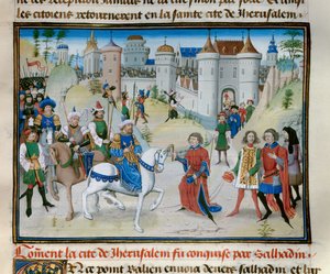 第三次十字军东征：苏丹萨拉丁 (1138-1193) (Salah al-Din Yusuf al-Ayyubi (al-Ayyubi) 于 1187 年攻占耶路撒冷)。大卫·奥伯特 (David Aubert) 的“编年史 abregee”的缩影 作者 未知艺术家