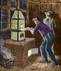 托马斯爱迪生在 1879 年左右用复写纸做白炽灯的实验。 作者 未知艺术家