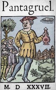 弗朗索瓦-拉伯雷的《潘塔格鲁尔》1537年版的扉页--巨人潘塔格鲁尔和他的两个使徒，出自《潘塔格鲁尔的弟子》。 作者 未知艺术家