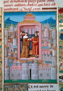 1465 年 5 月 10 日，国王路易十一和夏洛莱（后来的查理斯泰梅雷尔结束了贵族或公益联盟的起义。来自 Enguerrand de Monstrelet（1400-1453）的“Les Chronicles de Monstrelet”的缩影）签订了Conflans 条约 十五世纪 作者 未知艺术家