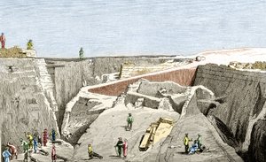 由 Heinrich Schliemann, sd. 领导的特洛伊发掘。 19 世纪。 作者 未知艺术家