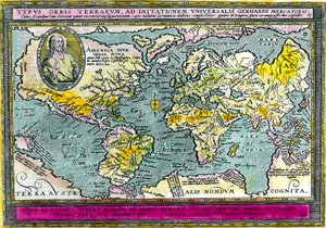 1596年的环球地理图（世界地图）。雕刻品。私人收藏。 作者 未知艺术家