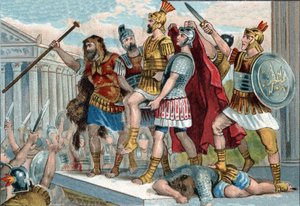 维斯帕先（拉丁语为Titus Flavius Vespasianus）（9-79）被他的士兵宣布为皇帝。1890年左右的彩色平版印刷。 作者 未知艺术家