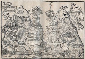 西比尔山的景色（西比尔女王的天堂）（彼拉多山和西比尔山的双重地图）--安托万-德-拉塞尔（La Salle）15世纪的法国讽刺作家。 作者 未知艺术家