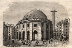 巴黎的halle au ble（建于1763-1769年）和美第奇圆柱的景观，19世纪初的雕刻--巴黎的小麦和玉米交易所（建于1763-1769年），19世纪初的雕刻--Vue de la Halle au ble，放置在现在的Soisso酒店。 作者 未知艺术家