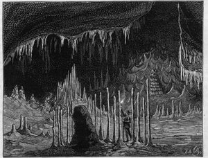 达吉兰（Lozere）山洞中的 "教堂大厅 "景观。雕刻在 "La Nature.科学及其在艺术和工业中的应用》杂志上的版画。 作者 未知艺术家