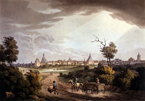 在德国莱比锡市的视图。 1820 年左右的石版画。 作者 未知艺术家